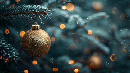 Poster - Fir Branch Hanging In Ball With Golden Glitter On Blue Abstract Night.