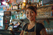 © Duckai - Female waitress, copy space of a latin worker behind the bar serving alcohol with copy space