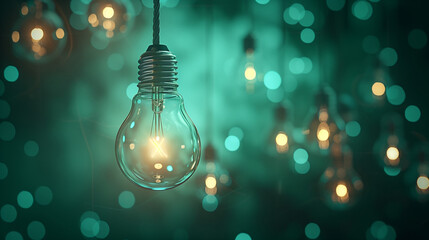 Wall Mural - Lightning lamps at home, in restaurant or cafe: Close up of a hanging, orange lightbulb. one of lightbulb glowing among shutdown light bulb in green area with copy space for creative thinking problem.