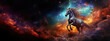 Majestic horse gallops through cosmos, mane flowing with ethereal colors, stars and nebulae in background, embodying celestial spirit, fantasy, vibrant.