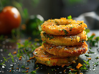 Delicious fried green tomatoes photography, explosion flavors, studio lighting, studio background, well-lit, vibrant colors, sharp-focus, high-quality, artistic, unique