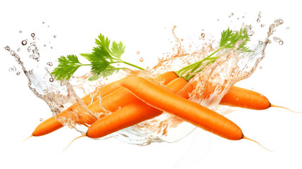 carrot sliced pieces flying in the air with water splash isolated on transparent png.