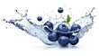 Blueberry sliced pieces flying in the air with water splash isolated on transparent png.
