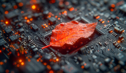 Wall Mural - A vibrant red autumn leaf lies on a complex circuit board with glowing orange lights