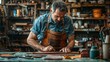 © PaulShlykov - closeup hand working process leather handcraft in the leather workshop. Man holding crafting tool and working. He is sewing to make a walet. Tanner in old tannery.