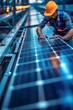 Electricians installing solar panels on rooftops. Solar utility, environmental awareness, maintaining solar panels, vibrant construction scenes with smooth, solar panels, labor on rooftop.