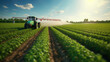 Agricultural Work: Tractor Plowing Fields under Sunny Skies
