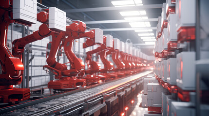 Wall Mural - Arm of automobile production line. Large production line with industrial robot arms at modern factory. Automated Manufacturing Facility	