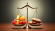 © Anthichada - Dieting choice weight scale with unhealthy junk food on one side and healthy fruit and vegetables on the other half as a fitness and nutrition eating decision symbol