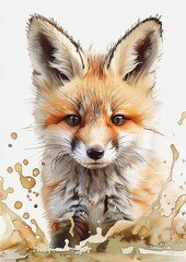 Wall Mural - Watercolour golden baby fox, generated with AI