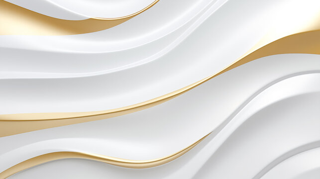 Abstract white wavy background with streaks of gold color. Textured backdrop. Elegant white modern architecture art.
