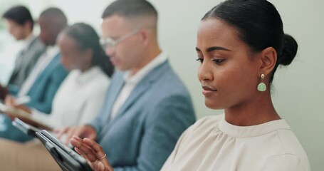 Aufkleber - Tablet, job interview or business people in waiting room with hiring, research or online resume check at hr office. Recruitment, opportunity or men and women with digital, survey or app questionnaire