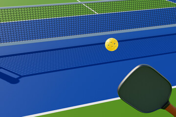 Sticker - A pickleball racket is getting ready to hit the ball on the court. 3d rendering