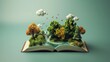 Happy World book day. Fantasy and literature concept. 3D style Illustration of magical book with fantasy stories inside it. The concept for World Book Day background with copy space.