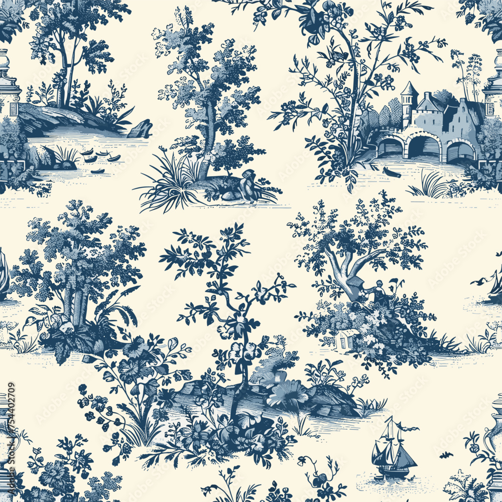 Toile De Jouy Vintage Floral Seamless Pattern Elegant Vector Graphics ...