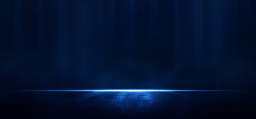 empty scene with blue light. asphalt blue street with smoke. empy background.