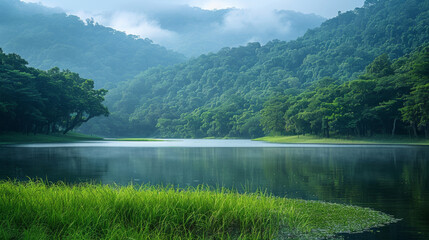 Poster - a large river flows through an old forest