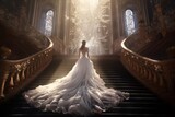 Fototapeta  - A woman stands on a grand staircase, wearing a luxurious lace skirt that cascades down to the floor, creating a dramatic and ethereal effect in a sophisticated ballroom.