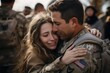 The raw emotions of soldiers and their families during a homecoming. Emphasize the intensity of the moment, conveying the relief and happiness of being together again.