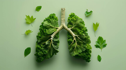 Wall Mural - Breathing in clean, fresh air is essential for maintaining healthy lungs, human lungs made of fresh green leaves on green background