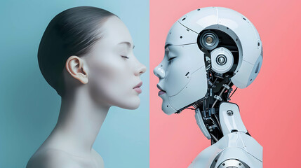 Two part of human and robot, robots that replace and help human work in business, investment, finance and industry, AI technology that has become a part of human life