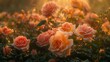 A dew-kissed rose garden at dawn