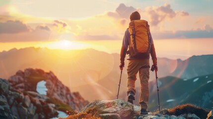 male hiker with backpack walking on top rock mountain landscape and beautiful view sunset background