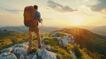 Male hiker with backpack walking on top rock mountain landscape and beautiful view sunset background.Hiker men's hiking living healthy active lifestyle.