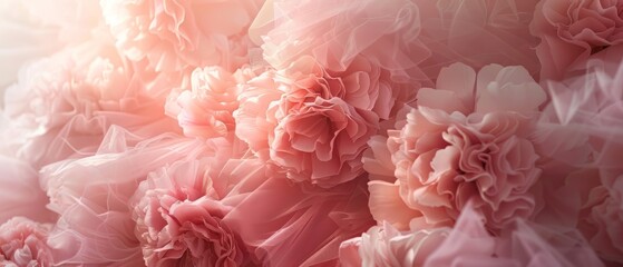 Wall Mural - draped background of pink powdery fabric in the form of tulle and flower, texture. a pink and purple background with a lot of flowers. Generative ai