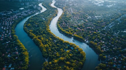 Wall Mural - An aerial view of a river meandering through cities and forests