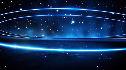Poster - Abstract neon rays and lines on dark science and tech background.