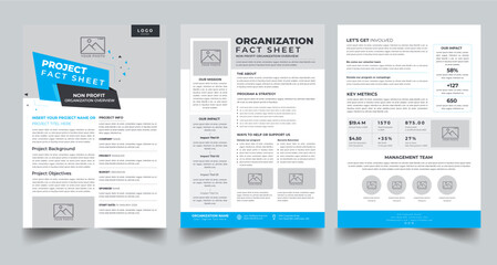 project fact sheet nonprofit organization layout design template with 3 style design concept