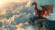 Big Stunning Red Dragon Sit On Rock, High Above The Clouds. Mystical Magical Creature From Fairy Tale. Sky Background. Monster From Legends And Myths. Mystery Wild Animal From Old Medieval Times.