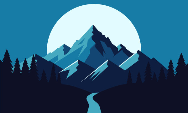 Mountains landscape blue night wood panorama pine trees and mountains silhouettes Vector forest