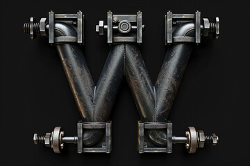 Uppercase letter W with industrial pipelines, steel or iron alphabet, factory style, metallic plumber abc 