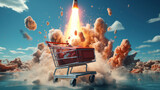 Fototapeta Londyn - Supermarket trolley rocket, business rocket launch.
