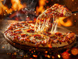 Chicago deep dish pizza arrange on the table. Delicious Chicago-style pizza photography, explosion flavors, studio lighting, studio background, well-lit, vibrant colors, sharp-focus, high-quality