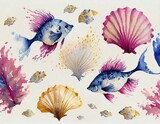 Kolorowy wzór z rybami i muszlami na białym tle, tapeta, ilustracja

