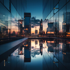 Wall Mural - A city skyline reflected in a glass skyscraper.