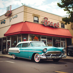 Canvas Print - A classic car parked in front of a retro diner.