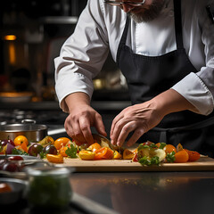 Canvas Print - A close-up of a chefs hands preparing a dish.