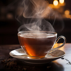 Poster - A close-up of a steaming cup of tea. 