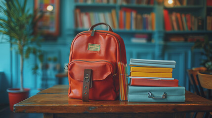 Wall Mural - School backpack and different colored school equipment on the table in a classroom