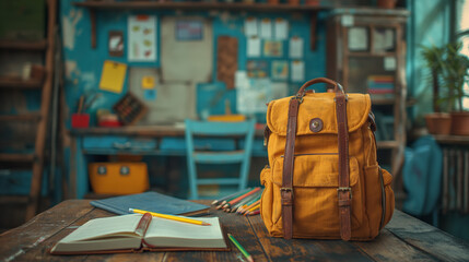 Wall Mural - School backpack and different colored school equipment on the table in a classroom