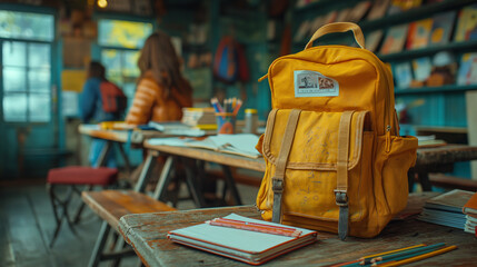 Wall Mural - School backpack and different colored school equipment on the table in a classroom