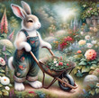 Cute white rabbit wearing bib overalls with a wheelbarrow in a summer garden
