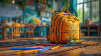 Wall Mural - School backpack and different colored school equipment on the table in a classroom