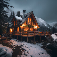 Wall Mural - A cozy cabin in the snowy mountains. 