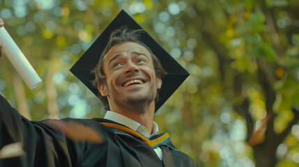 Happy cute brunette caucasian graduation boy is smiling, blurred class mates are behind. He is in a black mortar board, with red tassel, in gown, with nice brown curly hair, diploma in hand