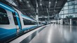 subway train in motion blur _A speedy train from China that stops at a futuristic railway station. The train is white and blue, 